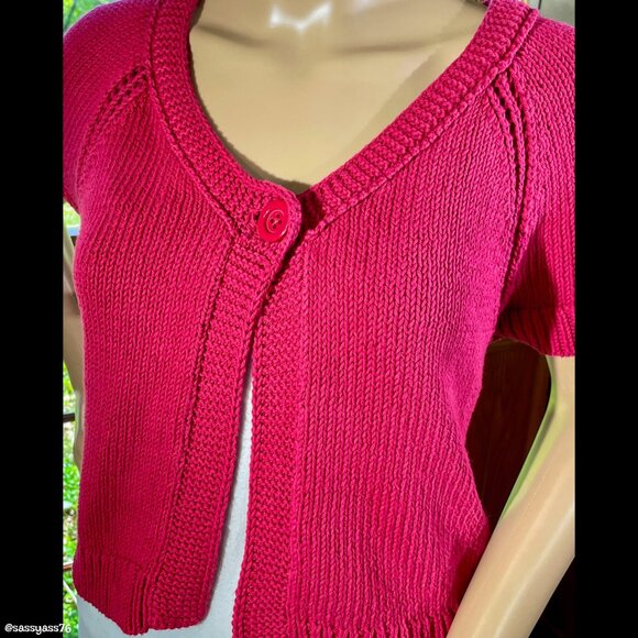 ▪️ANNE KLEIN▪️Dark Hot Pink Cotton Short Sleeve One-Button Cardigan Top - Picture 4 of 5